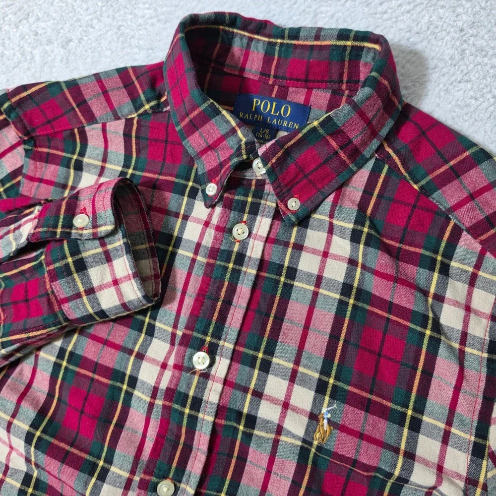 Polo Ralph Lauren Button Down Boys L Red Plaid L/S‎ Flesh Pony Logo
